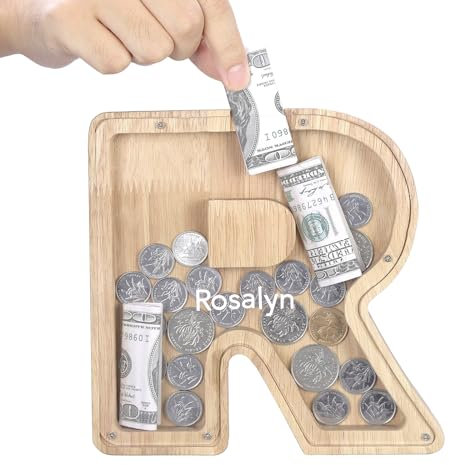 TsunNee Holz Brief Spardose Sparschwein Kreative Brief Münzbank Spardose mit Klare Alphabet Aufkleber, Spardose für Kinder Weihnachten Geburtstagsgeschenk Home DIY Dekoration (Helles Holz R, S)