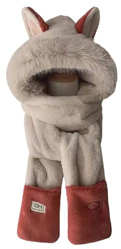 Anopo Kapuzenschal mit Fäustlingen für Damen Winter Warm Kunstpelz 3 in 1 Schal Mütze Handschuhe Combo mit Niedlich Fuchs Ohr Beige