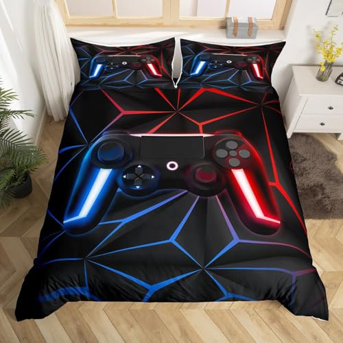Gaming Bedding Set Single Gamer Comforter Cover for Boys 3D Gaming Geometric Duvet Cover Gamepad Gamer Console Bedding for Kids Girls Teens Video Game Bedspread Cover, Zipper Closure