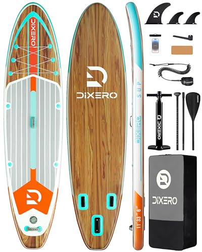 Dixero Aufblasbares Stand-Up-Paddle-Board, extra breite Paddelbretter für Erwachsene, SUP mit Premium-Zubehör, verstellbares Paddel, Handpumpe, untere Flosse, Leine, wasserdichte Handytasche, 5 l
