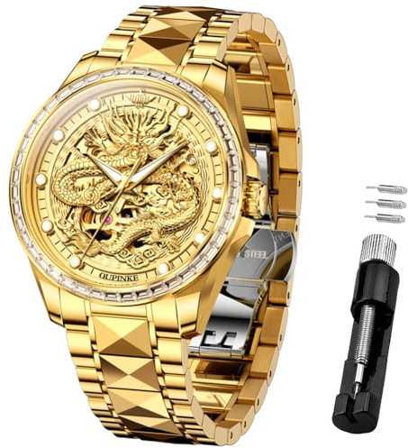 OUPINKE Herren-Automatikuhr, Skelett, mechanisch, selbstaufziehend, luxuriös, Chronograph, Kalender, leuchtende Uhr für Herren, 50 m wasserdicht, Saphirglas, 3276 Gold, Modern