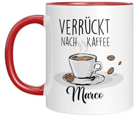 TassenTicker - Verrückt nach Kaffee - Tasse personalisiert mit Namen - Kaffeetasse mit Spruch - lustige Geschenkidee - Kaffeeliebhaber - Geburtstagsgeschenk (Rot)