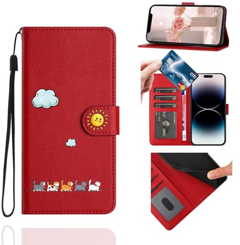 Jeffene Coque Portefeuille pour iPhone XR avec Porte-Cartes, Rouge | Motif Chat Mignon avec Lanyard, Cuir PU, Rabat Magnétique, Antichoc, Porte-Cartes 3 Fentes, Support Vidéo, pour Femme