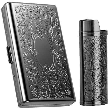 Étui à cigarettes vintage en métal, avec étui à briquet, capacité 12 cigarettes 100 mm, rangement cartes RFID et argent (Noir, 12pcs 100's)