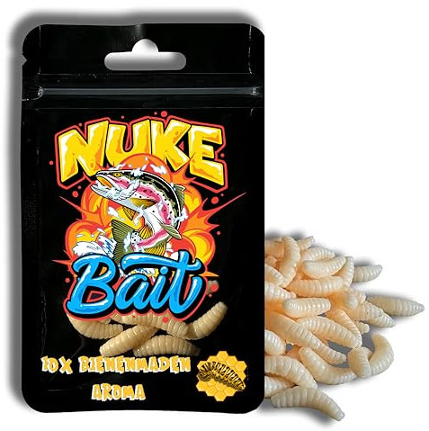 Nuke Bait - Forellenköder - Bienenmaden mit Lockstoff -10 Stück - Das Original Forellen Köder, Bienenmade, Kunstköder mit Geruch, Aroma Angelköder, Raubfisch, Bester Fischköder (Bienenmaden - Aroma)