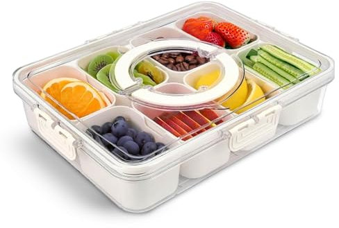 eZeo Snack Box with 8 Removable Compartments, Divided Serving Tray with Lid and Handle, Portable Food Storage Container, Clear Organizer for Vegetables, Candy, Fruit, and Snacks.