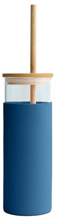 INTIRILIFE tumbler in vetro blu 500 ml con cannuccia, coperchio in bambù e copertura protettiva in silicone - bicchiere riutilizzabile per bere in movimento, smoothie, caffè, succhi di frutta