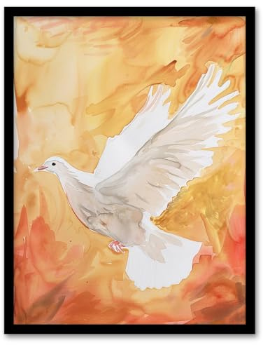 Artery8 White Peace Dove Warm Orange Red Watercolour Living Room Artwork Framed Wall Art Print 18X24 Inch