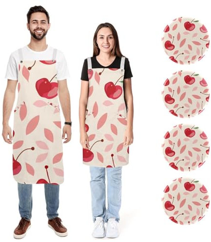 Mini-Küchenschürze, Motiv: Kirsche, verstellbar, weich, mit 2 großen Taschen, für Damen und Herren, 2 Stück, Pink-rote Mini-Kirsche, L:26.2x34.6in/66.5x88cm;M:26.2x26.6in/66.5x67.5cm