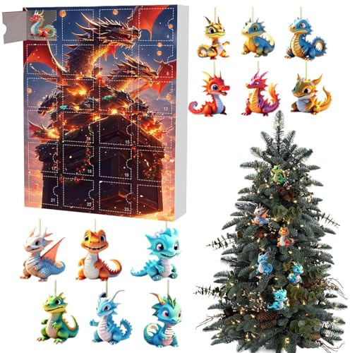 Drachen Adventskalender 2024, 24 Tage Weihnachts Countdown Kalender, 2D-Drachen-Anhänger-Countdown-Kalender Für Weihnachtsgeschenke,Drachen Countdown Kalender Geschenke Für Kinder