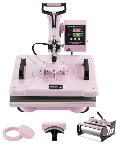 VEVOR Macchina per Trasferimento Termico 300 x 380 mm Macchina per Pressatura a Caldo 5 in 1 con Pressa a Tamburo da 0,85 kg Pressatura per Magliette Oscillante a 360° per Magliette/Cappelli, Rosa