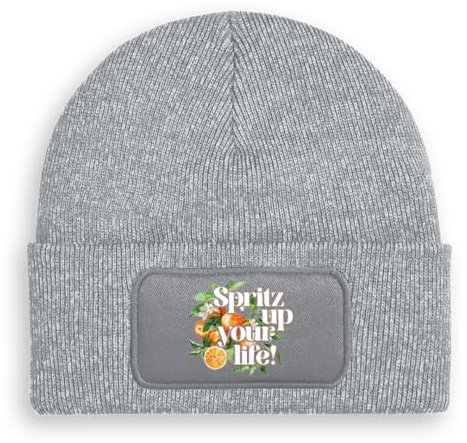 Prozente Momente Spritzing The Day Away - Beanie | Strickmütze | Wollmütze | Beanie mit Druck | lustige Sprüche | Apres-Ski | Winter | Grau meliert