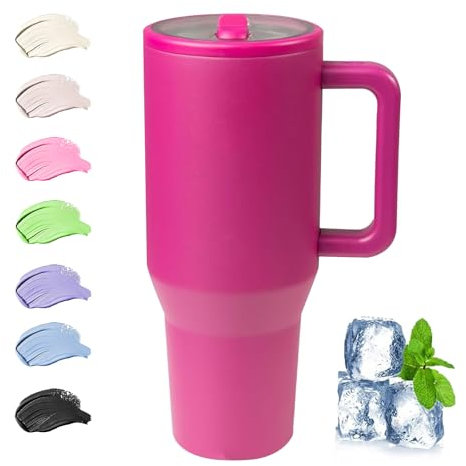 Thermobecher mit Strohhalm und Henkel, 40oz/ 1200ml Kaffeebecher to go Thermo, 100% Auslaufsicher Edelstahl Isolierbecher | Flip-Strohhalm Deckel | Spülmaschinenfest | BPA Frei (Pink)