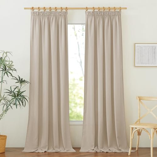 PONY DANCE Leinen Gardinen mit Kräuselband 2er Set Wohnzimmer Vorhänge für Schienensystem H 245 x B 140 cm Vorhang Leinenoptik Boho Gardine Halbtransparent Linen Curtains Living Room, Taupe