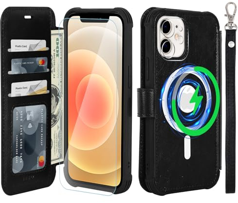 VANAVAGY Wallet Case for iPhone 12/12 Pro for Magsafe,Black | PU Leather Flip,Slim,12ft Drop Protection,RFID Blocking Card Holder,Magsafe Wireless Charging,Includes Screen Protector
