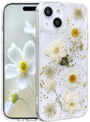 Efitoo for iPhone 12 Mini/13 Mini Case Clear Glitter with Flowers Design Real Dried Pressed Floral Gold Sparkle Cute Soft Slim Aesthetic Shockproof Protective Girly Women Girls Phone Cover (White)