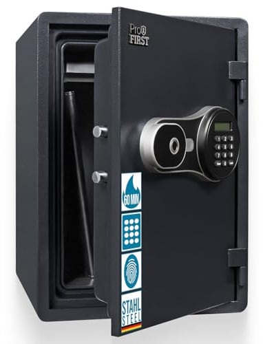 Profirst FireGuard 40 Feuerschutztresor Stahl 60 minütiger Feuerschutz Schwarz Elektronikschloss Fingerprint Notöffnung möglich Kunststofflade inkl. Befestigungsmaterial