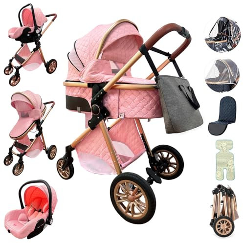 Zkiprm Passeggino 3 in 1, Passeggini e Carrozzine, Passeggino compatto Portatile di Canna, Passeggino da Città Con Seggiolino Dell'auto, Pieghevole Con Un Clicco, Tuta Passeggino Paesaggio Telaio in