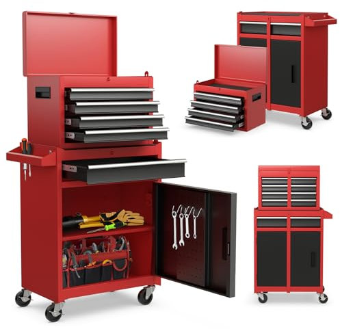 SOARS Servante d’Atelier, Chariot d’Atelier avec 5 Compartiments, 2 Étagères, Coffre Outils Amovible & Armoire à Outils, Verrouillable, 59 X 28 X 102 CM, pour Garage, Atelier, Maison (Rouge+Noir)