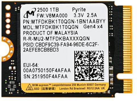 Micron 1TB 2500 M.2 2230 PCIe Gen 4.0x4 NVMe SSD Up to 7100 MB/s Compatible with Steam Deck Surface Ally Mini PCs Laptops