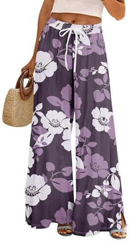 Uwdiohq Pantalon Fluide Femme été Pantalons Bohême Taille Haute Elastique Jambe Large Ample Léger Imprimé Pantalon Décontractée Longueur Pants Chic et Elegant avec Poches