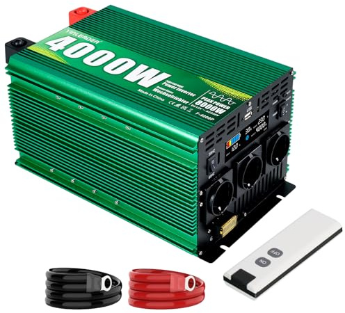Yinleader onduleur à Onde sinusoïdale Pure 4000W /8000W Convertisseur CC 12 V à 230 V CA avec Grand écran LCD, 3 Prises UE et Port USB, GLN avec télécommande pour Camping-Car/ménage/Urgence