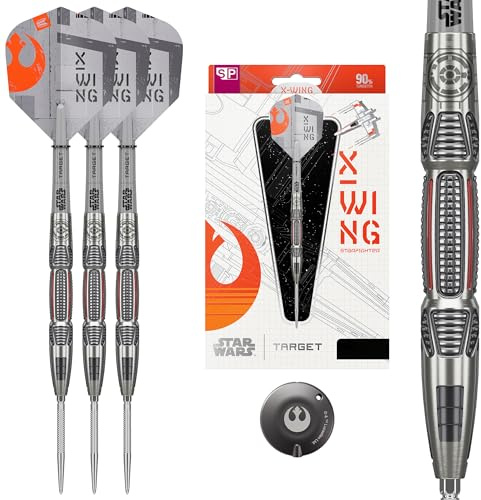 Target Darts Star Wars X-Wing-Steeldarts aus 90% Tungsten, 22 g/24 g/26 g | Silberfarbene GRD Swiss Points, Pro Grip-Schäfte, Pro Ultra-Flights No. 6 im X-Wing-Design und Swiss Point-Tool