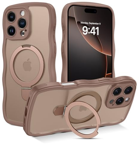 GUAGUA Magnetic for iPhone 16 Pro Max Case with Stand, Desert Titanium | Cute Curly Wavy Frosted Cover, Compatible with MagSafe, Military Grade Protection, Slim Anti-Scratch Anti-Fingerprint Cover