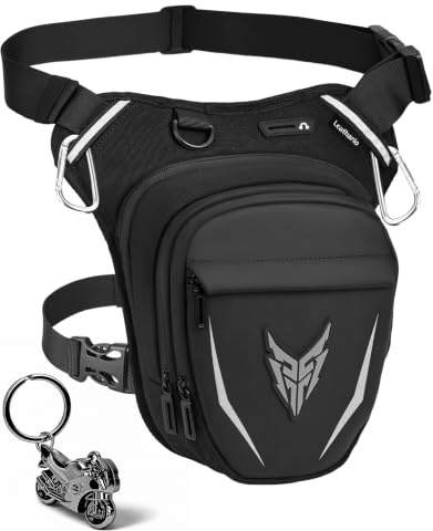 Leathario Motorrad Beintasche Damen und Herren，Leg Bag Wasserdicht，Oberschenkeltasche mit Erweiterbarem Stauraum，Tasche Bein für Radfahren Wandern，Gürteltasche mit 2 Karabinern Reflexstreifen Schwarz