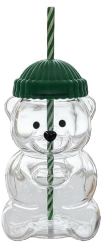VBESTLIFE Tasse de Paille D'ours Longues Pailles, Grande capacité de 20oz, Jolie Tasse D'ours en Peluche en Verre avec Couvercle pour Cadeaux de Noël