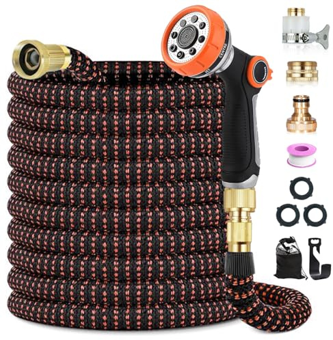 150FT Expandable Garden Hose, 45M Leak-Proof Flexible Hose Pipe with 10-Pattern Spray Nozzle, Expandable Water Hose for Gardening, Kink-Free, 4-Layer Latex Core, 1/2 3/4 Universal Fittings, Orange