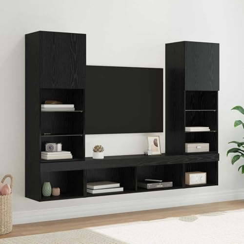 Qnhdfrt 5-teiliges TV-Wandregal mit LED, Schwarz-Eiche, 40,5×30×102 cm, Holz-Glas, für TV Streaming Box Bücher Deko