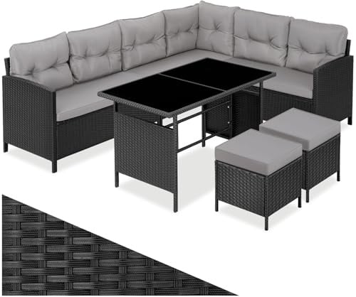 tectake® Polyrattan Lounge Set, Gartenmöbel Set mit Sofa, Hocker + Tisch, Balkon Möbel Outdoor, 5-teilige Sitzgruppe, inkl. Sitz- & Rückenkissen, ideal für Garten, Terrasse, Balkon - schwarz/grau