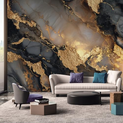 Marble Wallpaper, 3D Black Gold Wallpapers Mural for Living Room Badroom Kitchen, Marble Home Decor Wall Art Murals Stickers 350x256 cm, Not Self Adhesive, KD2262