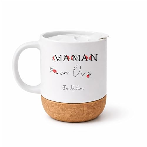Générique Mug Maman en Or Personnalisé avec Prénom – Tasse 330 ml avec Couvercle et Socle Liège – Cadeau Fête des Mères
