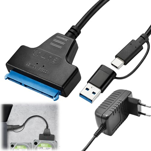 Menibeuty SATA USB Adapter für 2,5 & 3,5 Zoll SSD/HDD, USB 3.0 zu SATA III Konverter mit USBC & USBA Stecker, 5Gbps UASP Unterstützung, Inkl 12V 2A Netzteil für Externen Festplatten, Windows/Mac/Linux
