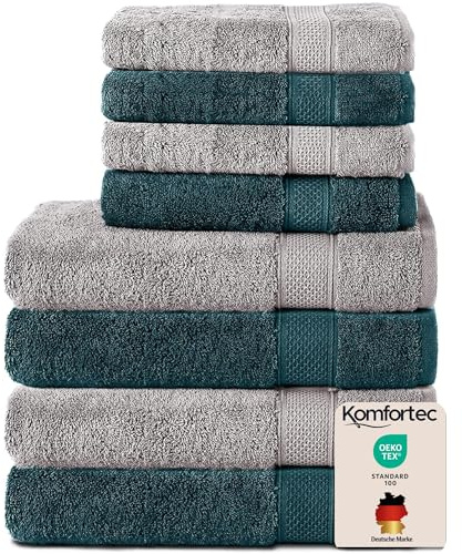Komfortec Handtuch Set 8 Teilig aus 100% Baumwolle, Silber/Petrol | 4 Badetücher 70x140 cm, 4 Handtücher 50x100 cm, Frottee, Flauschig und Saugstark