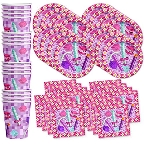 Girl Pixel Mining Birthday Party Supplies Set Plates Napkins Cups Tableware Kit for 16
