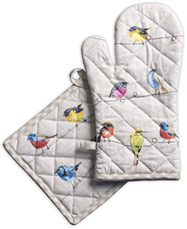 Maison d' Hermine Birdies on Wire Ensemble de Gants de Four de (19cm x 33cm) et maniques de (20cm x 20cm), 100% Coton, pour Barbecue, Cuisson, Four, Micro-Ondes, grillades, Printemps/Été, Pâques