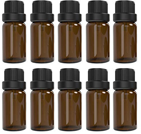 Alledomain Lot de 10 flacons d'huiles essentielles en verre ambré de 10 ml avec bouchon noir et 1 compte-gouttes et 12 étiquettes - Mini flacon d'ambre vide rechargeable pour huiles de massage, marron