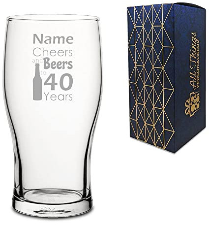 Personalised Engraved Novelty Pint Glass with Cheers and Beers Design, Gift Boxed, Personalise with Any Name and Age