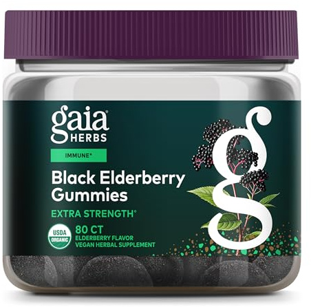 Gaia Herbs Black Elderberry (Sambucus nigra) Extra Strength Gummies - Delicious Immune Support Supplement* - Certified Organic Black Elderberries for Immune System Support* - 80 Gummies (40 Servings)