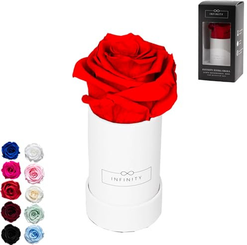 Infinity Flowerbox - 1 echte Infinity Rosen (3 Jahre haltbar ohne Wasser) - Direkt mit Geschenkverpackung geliefert I Handgefertigt in Berlin I Geschenk für Frauen (Rote Rose in weißer Box)