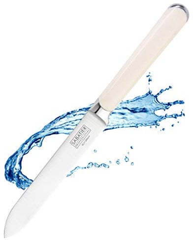 Sabatier Professional Serrated Utility Kitchen Knife - 5in/12cm Full Tang Taper Ground Stainless Steel Blade, Cream Handle. Sharp for Longer, Lifetime Performance 25yr Guarantee