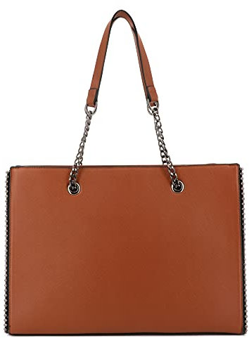Sac à Main Femmes Chaîne Perle Bille Clou - Cours Grand Format A4 Lycée - Cabas Shopping Fourre-Tout Taille XL - Porté Epaule Ville Similicuir PU - Chic Tendance (Camel Saffiano)