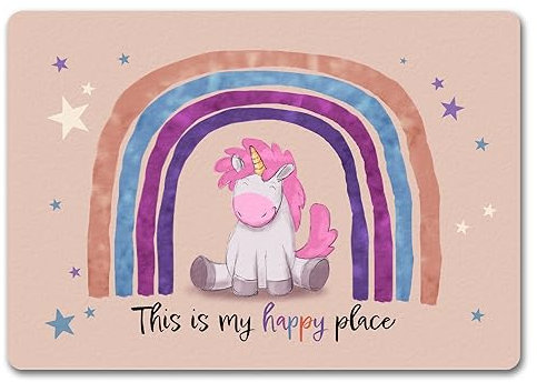 speecheese This is My Happy Place Fußmatte in 35x50 cm ohne Rand mit niedlichem Einhorn Baby Kinder Lieblingsplatz Dekoration Unicorn Regenbogen Sterne Kinderzimmer