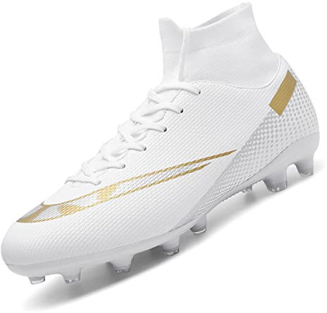 VTASQ Football Boots Boys High Top Spikes Soccer Training Shoes Cleats Profession Athletics Outdoor Competition Breathable Sneakers for Unisex White UK 10.5