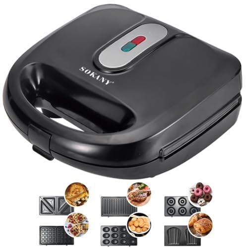 SOKANY 6-in-1 Multifunktionsgerät 750W (Sandwich Maker, Waffeleisen, Kontaktgrill, Donut Maker und mehr) Antihaftbeschichtete Platten, Doppelseitiges Backen, Automatische Temperaturregelung