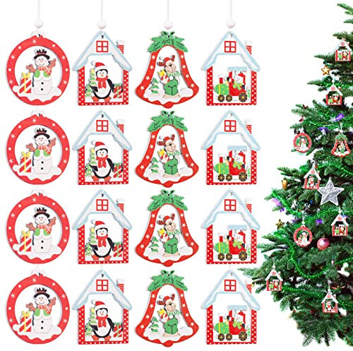 MELLIEX 16 Stücke Weihnachtsbaum Anhänger Holz, 4 Arten Christbaumschmuck Holz Deko zum Aufhängen für Weihnachtsanhänger Baum Geschenkanhänger
