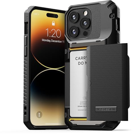 VRS DESIGN Damda Glide Pro Handyhülle für iPhone 14 Pro Max, stabile halbautomatische Brieftasche [4 Karten] Hülle mit Kartenschlitzhalter, kompatibel für iPhone 14 Pro Max Hülle (2022) Groove Schwarz